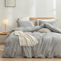 BESTOUCH Duvet Cover Set 100% Washed Cotton Linen Feel Super Soft Comfortable Chic Lightweight 3 PCs Home Bedding Set Solid Light Grey Cal King