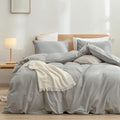 BESTOUCH Duvet Cover Set 100% Washed Cotton Linen Feel Super Soft Comfortable Chic Lightweight 3 PCs Home Bedding Set Solid Light Grey Queen