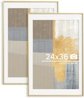 24x36 inch Metal Poster Frame - 24 x 36 Thin Aluminum Picture Frames Matted for 20x30 Photos, Artworks, Prints, Puzzle - High Definition Plexiglass - Vertical and Horizontal Display - Wall Hook Hanging Hardware Included - Gold, 2 Pack
