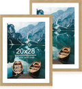 20x28 Picture Frame Set of 2, Natural Oak Wood Style - Display 16x24 Picture with Mat or 20 x 28 Poster without Mat, Wall Mounting Horizontal and Vertical