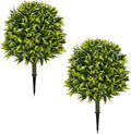 Fake Shrubs Outdoors UV Resistant Faux Plants Topiary Trees Set of 2-27.5'' Artificial Bushes Boxwood Balls Greenery with Ground Spikes for Front Porch, Fake Evergreen Plants Outdoor Decor