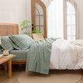 BESTOUCH Sheet Set 100% Washed Cotton Linen Feel Super Soft Comfortable Chic Lightweight 4 Pcs Home Bedding Set Solid Green Queen