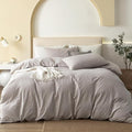 JIYUAN 100% Washed Cotton Duvet Cover Set 3 Pieces Super Queen, 1 Duvet Cover 90x98 Inches(Comforter Not Included) and 2 Pillowcases,Linen Feel Bedding Set Comfy and Breathable, Heathered Linen