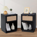 Mid Century Night Stand Set of 2, Modern Nightstand with Drawer & Curved Linen Panel, Farmhouse End Table Wood Bedside Table Small Side Tables for Small Space, Bedroom (Black)
