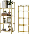 Crofy No Assembly Folding Bookshelf for Living Room, 4 Tier Gold Collapsible Book Shelf for Home Office, Portable Bookcase Storage Organizer