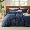 Bedsure 100% Washed Cotton Duvet Cover King Size - Navy Minimalist Cotton Duvet Cover Linen Like for All Seasons - GentleSoft™ Plain Simple Bedding, 3 Pieces (Navy, King, 104