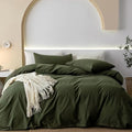 JIYUAN 100% Washed Cotton Duvet Cover Set 3 Pieces Oversized King, 1 Duvet Cover 120x98 Inches(Comforter Not Included) and 2 Pillowcases,Linen Feel Bedding Set Comfy and Breathable,Olive Green