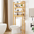 Smiry Over The Toilet Storage Cabinet, 4-Tier Bamboo Bathroom Organizers with Adjustable Shelf & 4 Hooks, Space Saving Shelf Rack for Bathrooms, Laundry Room, Balcony, Natural