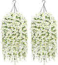TOCHGREEN Artificial Faux Hanging Flowers Plants Basket for Spring Summer Outdoor Decor,2PCS Fake Silk Morning Glory Vines in Planter UV Resistant for Home Porch Balcony Yard (White)