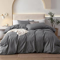 JIYUAN 100% Washed Cotton Duvet Cover Set 3 Pieces Queen, 1 Duvet Cover 90x90 Inches (Comforter Not Included) and 2 Pillowcases,Linen Feel Bedding Set Comfy and Breathable, Heathered Dark Grey