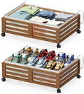 Under Bed Storage with Wheels-Large Bamboo Underbed storage Containers with Large Dust Bag Stackable Under the Bed Shoe Storage Bins for Clothes Books Bedding (2 Packs walnut, 23.62