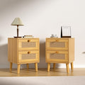 Rattan Nightstand,Boho and Wood Night Stand with Drawers,Bedside Rattan Table and Small nightstand,Natural Wood Nightstand for Bedroom,Oak (Oak-2 Pcs)