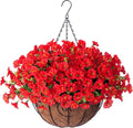 Artificial Fake Hanging Flowers Plants in Basket for Outdoor Decoration, 12 Pcs Faux Morning Glory in Planter Realistic UV Resistant Silk Flowers for Home Porch Patio Balcony Yard Outside, Red