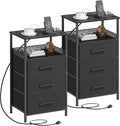 Night Stand Set 2 with Charging Station, Nightstands with 3 Fabric Drawers, End Table with Outlets and USB Ports, Side Table with Open Storage Shelf, Bedside Tables for Bedroom, Black