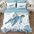 Ocean Themed Bedding Sets - 8 Pieces Queen Bed in A Bag - Teal Blue Turtle & Sea Horse Animal Cartoon Pattern Beach Coastal Bedding Comforter