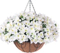 Artificial Hanging Flowers Plant with Basket for Outdoors, Fake Hanging Plants Silk Bougainvillea in Planter Look Real UV Resistant Faux Flower for Porch Patio Garden Home Decor (White-New)