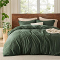 Bedsure 100% Washed Cotton Duvet Cover Oversized King - Olive Green Minimalist Duvet Cover Linen Like - GentleSoft™ Plain Simple Bedding, 3 Pieces (Olive Green, Oversized King, 120
