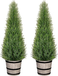 3FT Artificial Cedar Topiary Trees with Rustic Barrel Planter, Outdoor Indoor Realistic Faux Pine Shrubs Plants, Fake Cypress Trees for Home Offices Porch Decor, Set of 2