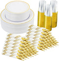 350 Pieces Gold Disposable Plates for 50 Guests, Disposable Plastic Plates for Party, Wedding, Dinnerware Set of 50 Dinner Plates, 50 Salad Plates,50 Cups and 50 Paper Napkins, Gold