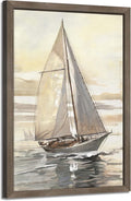 Ocean Sailboat Framed Wall Art - Nautical Boat Painting Coastal Sailing Artwork Sunset Seascape Picture Sea Beach Prints Wooden Decor for Bedroom