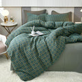 VM VOUGEMARKET Linen Cotton Duvet Cover Queen,3 Pcs Yarn-Dyed Textured Duvet Cover Set Green Flower Geometric Bedding Set,Ultra Soft and Breathable Comforter Cover Set
