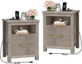 Fluted Nightstand Set of 2, End Table with Charging Station and 2 Drawers, Farmhouse Nightstands with Fluted Panel, Engineered Wood Side Table for Bedroom Greige MBZ06UP2FH