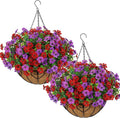 Alynsehom 2 Set Artificial Flowers with Hanging Basket, 2 Outdoor Hanging Plants with 24pcs Faux UV Resistant Fake Silk Azalea in Baskets for Porch Garden Patio Balcony Yard Home Decor (Purple Red)