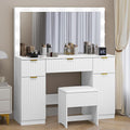 Fluted Makeup Vanity with Large Lighted Mirror and Chair, 7 Drawer Dressing Table with Power Outlet and USB, Elegant Vanity Desk with Cushioned Stool for Bedroom, Women, Girls