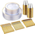 SUT 150 PCS Gold Plastic Plates, Disposable Clear Gold Dinnerware Set with Cups, Includes: 25 Dinner Plates, 25 Dessert plates, 25 Cutlery, 25 Cups, Prefect for Party, Wedding & Shower