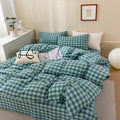 VM VOUGEMARKET 3 Pieces Plaid Duvet Cover Set King Washed Cotton Green Blue Checkered Printed Comforter Cover with Zipper Soft Lightweight & Breathable Quilt Cover Set King
