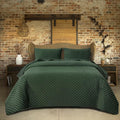 Reversible Velvet Twin Size Quilt, Luxurious Bedspread Quilted Bedding Set, Soft Coverlet Set Lightweight Velvet Comforter with Pillow Shams, Dark Green