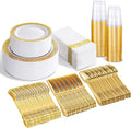bUCLA 350PCS Gold Plastic Dinnerware Set for 50 Guests - Gold Plastic Plates Disposable for Party Include 50 Dinner / 50 Dessert Plates,50 Forks, 50 Knives, 50 Spoons,50 Cups,50 Napkins