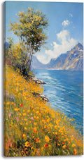Vertical Landscape of Wild Flowers and Green Trees on The Lakeside Wall Art Decor Artwork for Bedroom (24x48 Inches)