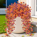 2PCS Fall Artificial Hanging Flowers Plants for Outdoors, 2Pcs Faux Silk Flowers with Eucalyptus Leaves, UV Resistant Fake Fall Flowers for Autumn Home Patio Porch Outside Decor (Orange Red)