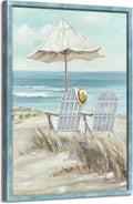 Rustic Coastal Framed Wall Art - Abstract Beach Chair Picture Ocean Painting Prints Calming Seascape Wooden Artwork Decor for Living Room