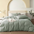 JIYUAN 100% Washed Cotton Duvet Cover Set 2 Pieces Twin, 1 Duvet Cover 68x90 Inches(Comforter Not Included) and 1 Pillowcases,Linen Feel Bedding Set Comfy and Breathable, Heathered Sage Green