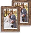 6x9 Picture Frame Set of 2, Made of Real Glass and Rustic Brown Wooden Frame - 6 by 9 Photo for Wall or Tabletop Display