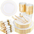 Liacere 350PCS Gold Plastic Plates-Disposable White and Gold Plates 50guest Baroque Plastic Dinnerware include 100Plates, 50Pack Pre Rolled Napkins with Silverware 50Cups for Wedding&Fall Decor