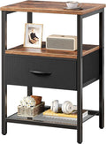 Huuger Night Stand with Fabric Drawer, Side Table with Mesh Shelf, Bedroom Nightstand, Fabric Drawer Dresser, Open Shelf, Metal Frame, Couch Side, Rustic Brown and Black