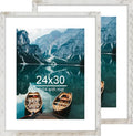 24x30 Frame Set of 2, Distressed White Wood Style - Display 18x24 Picture Frame with Mat or 24 x 30 Poster without Mat, Wall Mounting Horizontal and Vertical