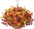 Artificial Fake Hanging Baskets Fall Flowers for Outdoors Decoration, Faux Silk Mums Plants UV Resistant Look Real Outside Yard Patio Front Porch Garden Balcony Home Autumn Decor (Orange Yellow Brown)