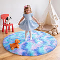 Rainbow Round Rug for Bedroom, 4Ft Fluffy Circle Area Rugs for Living Room, Shag Fuzzy Carpet for Kids Room, Nursery, Dorm, Classroom, Teen, Cute Baby Play Mat Home Decor Aesthetic, Blue