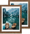 12x16 Picture Frame Set of 2, Rustic Brown Wood Style - Display 12 x 16 Poster without Mat or 11x14 Picture with Mat, Wall Mounting Horizontal and Vertical