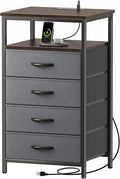 Huuger Night Stand with Charging Station, 4 Drawer Dresser for Bedroom, Bedside Table, 33.9 Inch Tall Nightstand with Open Shelf, End Table, for Closet, Entryway, Bedroom, Walnut
