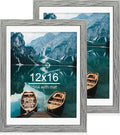 12x16 Picture Frame Set of 2, Rustic Grey Wood Style - Display 12 x 16 Poster without Mat or 11x14 Picture with Mat, Wall Mounting Horizontal and Vertical