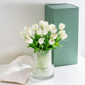 Tulip and Vase Ribbed Glass with 20 White Tulips Artificial Flowers Gift Set Fluted Clear Flower Short Vase and Fake Tulips Look Real Entryway Living Room Table Office Shelf Decor Faux High End Gift