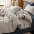 VM VOUGEMARKET Beige Grey Duvet Cover Set with Blue Stripes 3pcs Yarn Dyed Muslin Cotton Vertical Striped Ticking Pattern Bedding Set Without Comforter - Queen Size