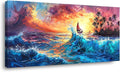 Sailboat Coconut Grove and Blue Waves Under the Sunset Oil Painting Style Wall Art Decor Artwork for Bedroom (30x60 Inches)