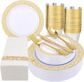 Festiva 350PCS Gold Plastic Dinnerware Set - Disposable Lace Gold Plates and Napkins Party Supplies - include plates,napkins,cups,silverware - Serve for 50 guests Party&Wedding&Easter