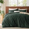 Bedsure 100% Washed Cotton Duvet Cover Queen Size - Forest Green Minimalist Cotton Duvet Cover Linen Like for All Seasons - GentleSoft™ Plain Simple Bedding, 3 Pieces (Forest Green, Queen, 90